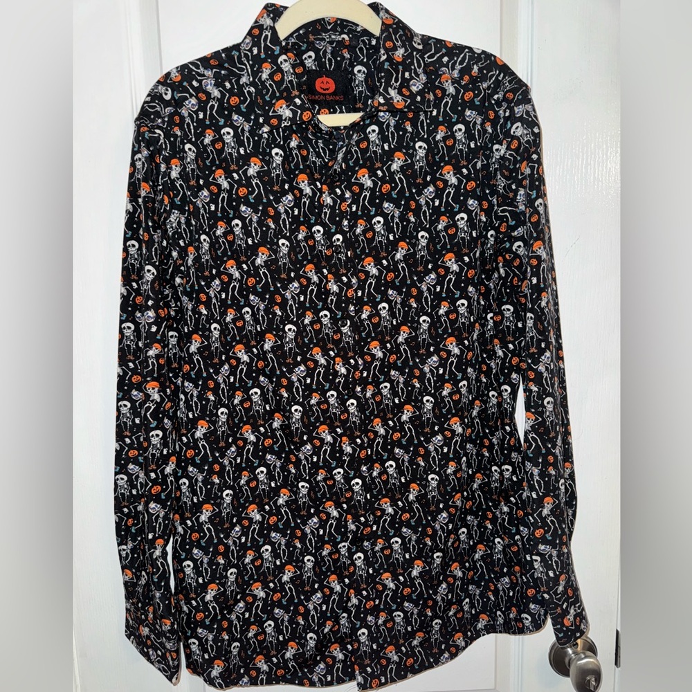 Men's Simon Banks Halloween Skeleton Button Down Shirt Size L
